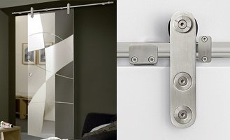Eine Glasschiebetür und daneben eine Nahufnahme des Berschlages